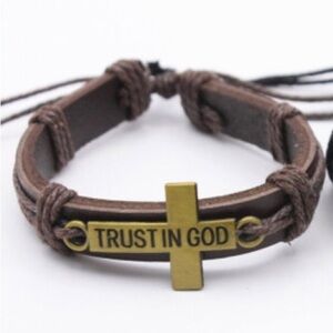Brown and Gold Leather Bracelet with Cross and Engraving